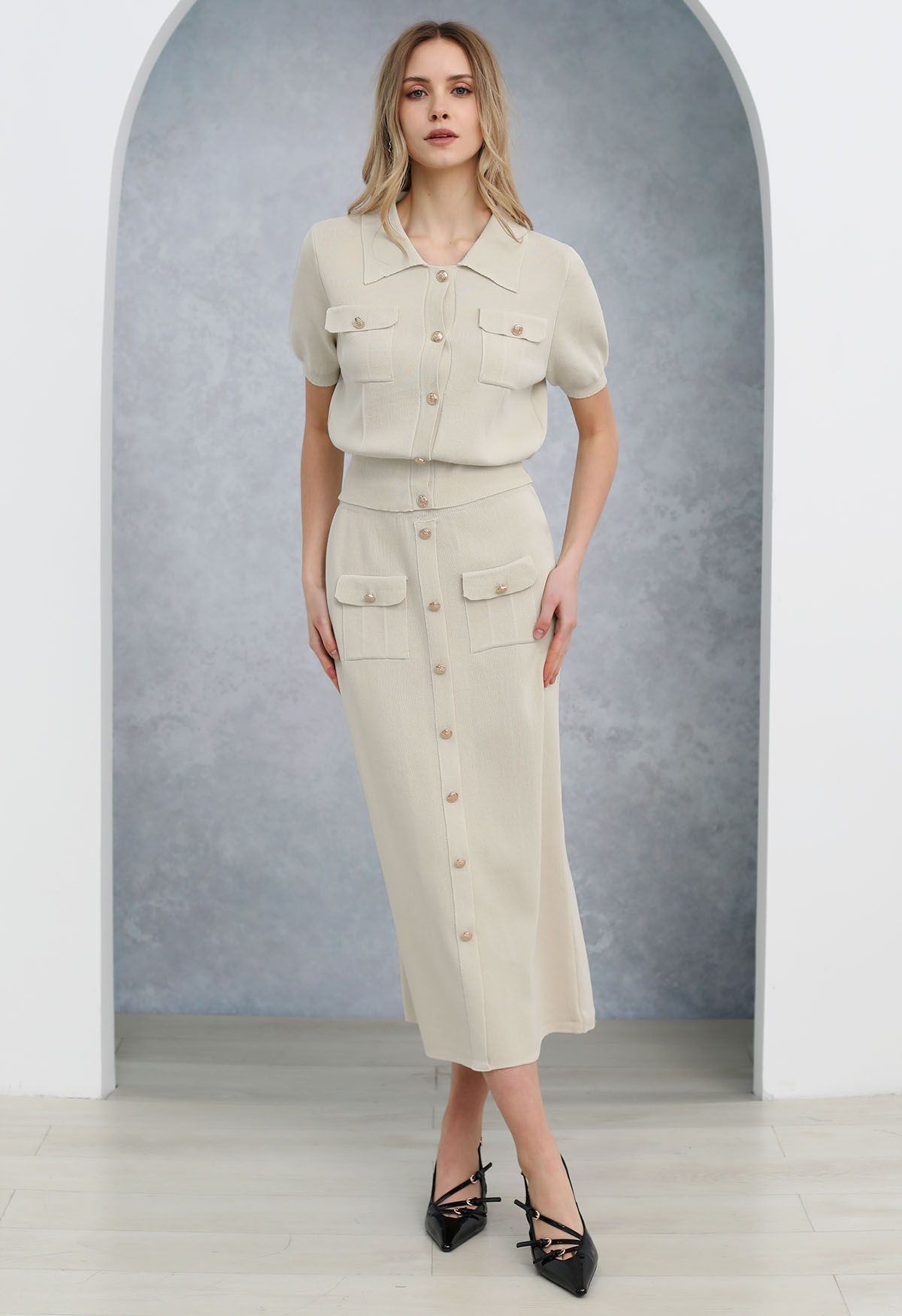 Standout Button Short-Sleeve Knit Top and Midi Skirt Set in Ivory | Chicwish