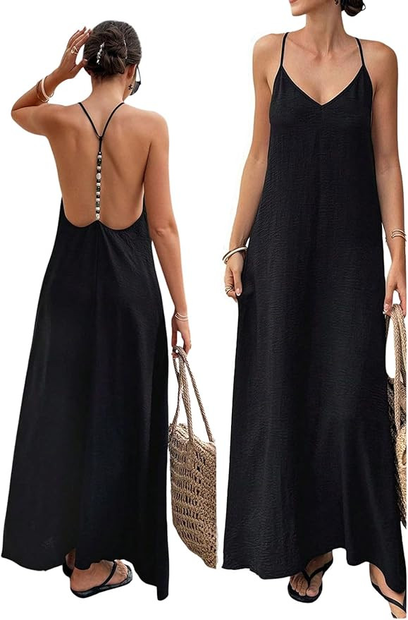 Verdusa Women's Backless Cami Dresses Linen Maxi Dress Open Back Vacation Boho Summer Outfits | Amazon (US)