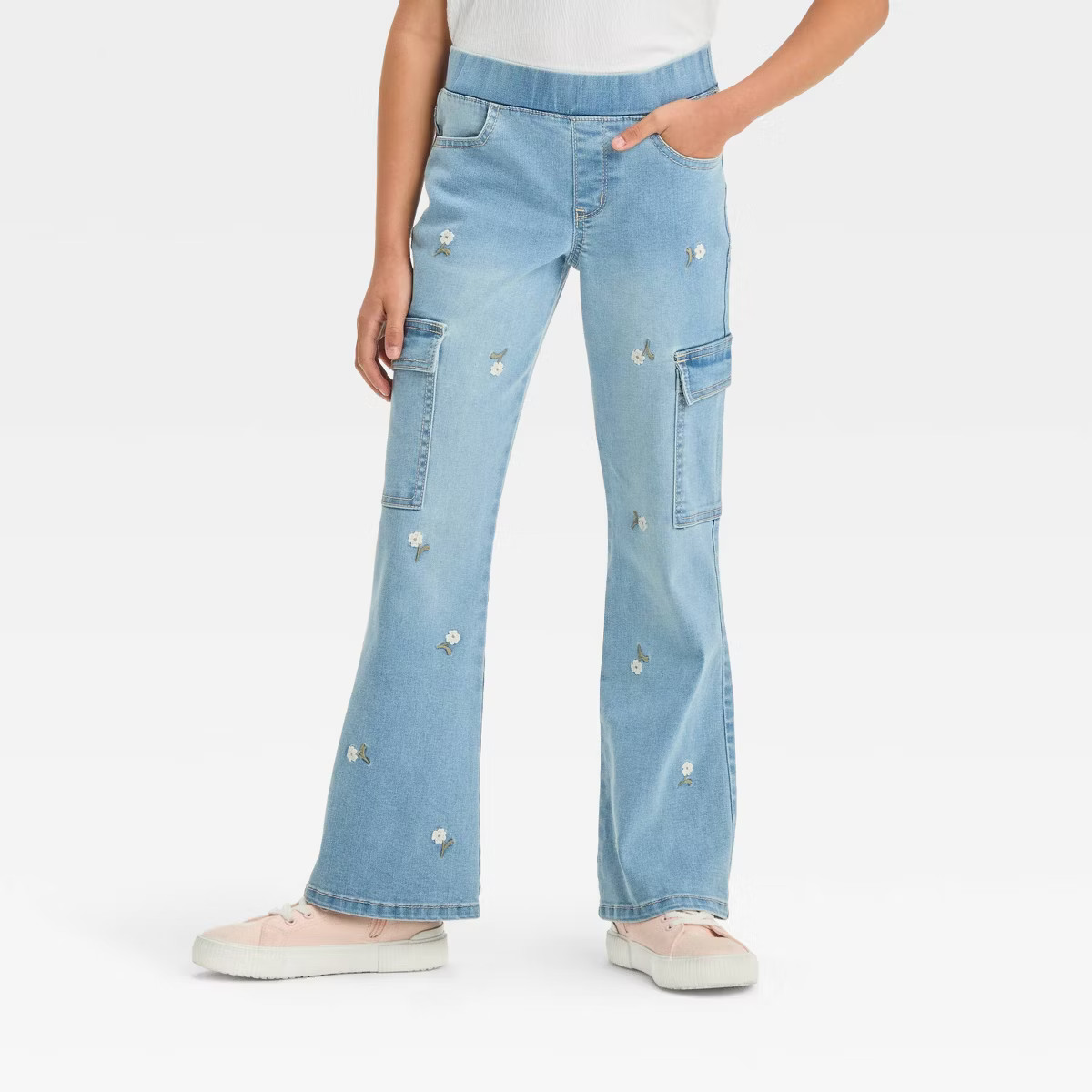 Girls' Mid-Rise Pull-On Embroidered Cargo Flare Jeans - Cat & Jack™ Light Wash | Target