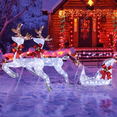 Lighted Christmas Reindeer & Sleigh, 3-piece Set (2 Reindeer + 1 Sleigh, 211×27.5×100cm/83×10.8×39.4in) – Ideal For Indoor/outdoor Xmas Decor, Pre-lit | Wayfair North America