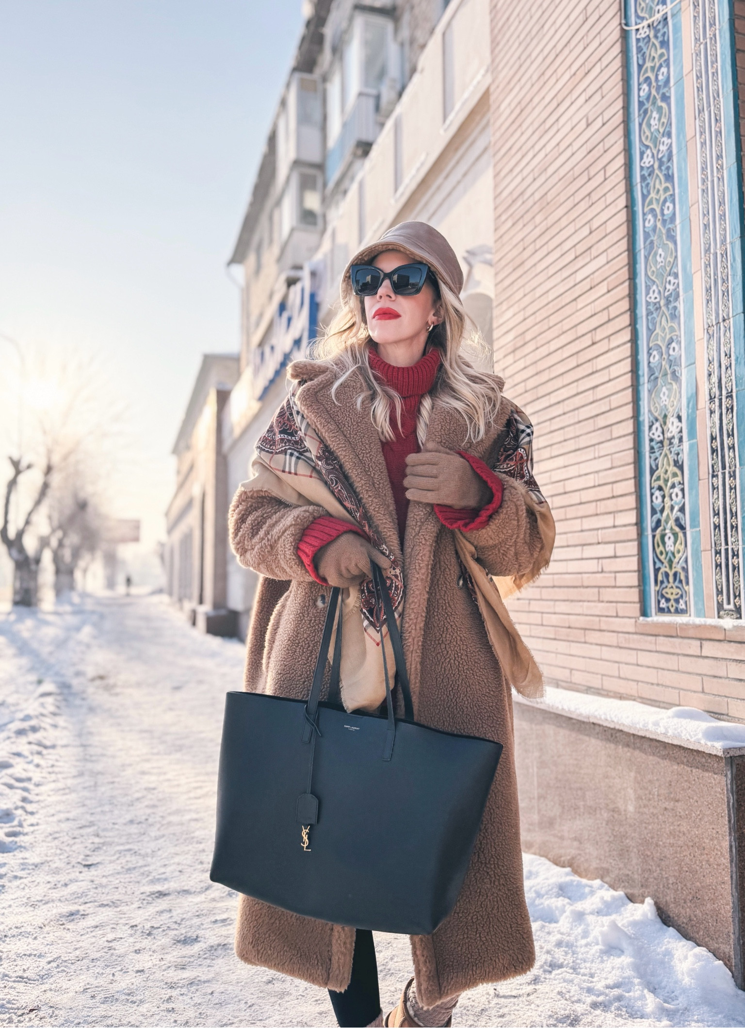 Teddy coat, vintage Burberry scarf (exact linked), shearling bucket hat, YSL tote bag, cold weather style 

#LTKHoliday #LTKSeasonal #LTKItBag