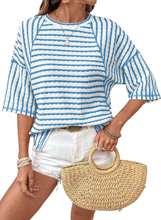 Dokotoo Womens Summer Tops Oversized Tshirts for Women Striped Color Block Short Sleeve T Shirts ... | Amazon (US)