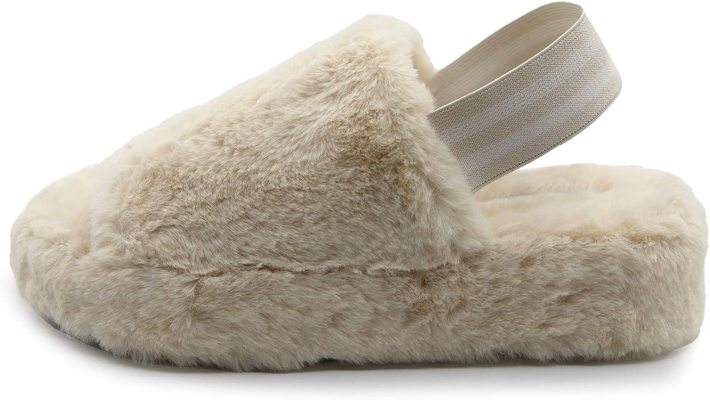 Women's Fuzzy Slides Fluffy Slippers Soft Warm Fur House Slippers Indoor Outdoor Platform Slipper... | Amazon (US)