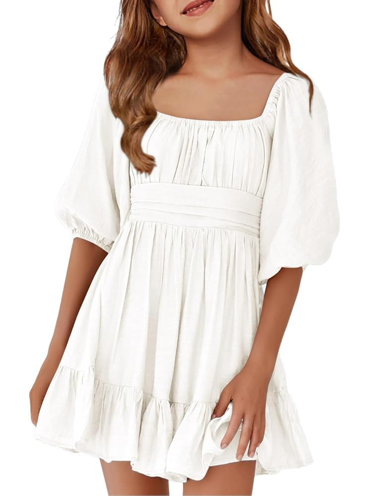 Girls Summer Dresses Square Neck Lantern Sleeve Tie Backless Ruffle A-Line Party Mini Dress | Amazon (US)