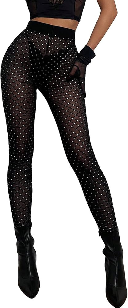 WDIRARA Women's Rhinestone Glitter Mesh High Waisted Tight Pants Sheer Party Leggings | Amazon (US)
