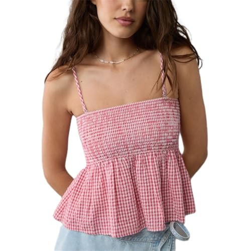 Alyweatry Women Y2k Gingham Tank Top Sleeveless Coquette Aesthetic Plaid Print Cami Crop Top Summer Going Out Top (Pink Gingham Tank, M), Medium | Amazon (US)