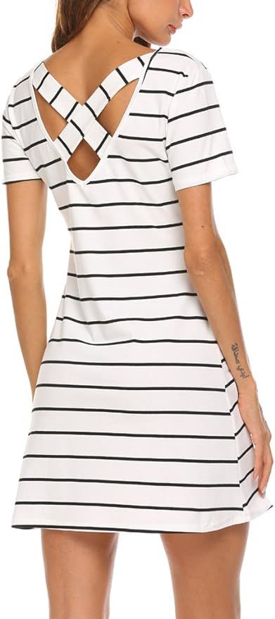 Feager Women's Casual Striped Criss Cross Short Sleeve T Shirt Dress | Amazon (US)