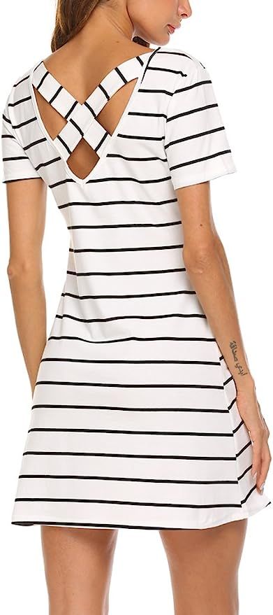 Feager Women's Casual Striped Criss Cross Short Sleeve T Shirt Dress | Amazon (US)