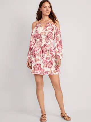 Waist-Defined Floral Cold-Shoulder Cutout Smocked Mini Dress for Women | Old Navy (US)