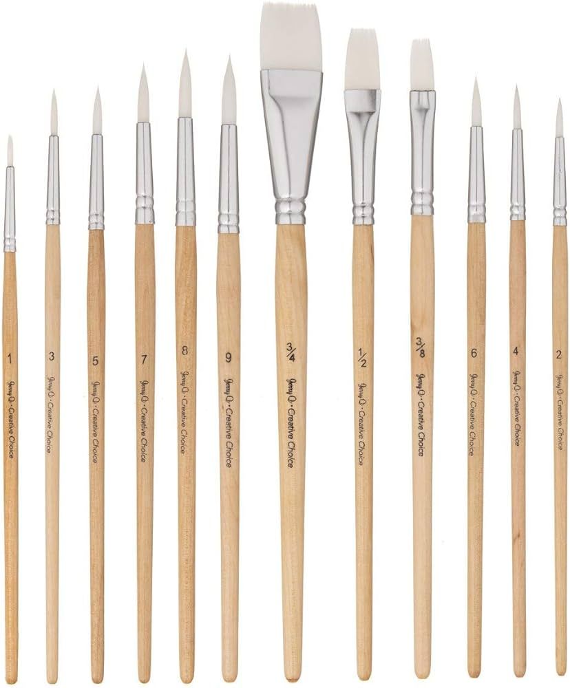 12 PC White Synthetic Hair Round and Flat Paint Brush Set with Short Wood Handle for Acrylic, Wat... | Amazon (US)