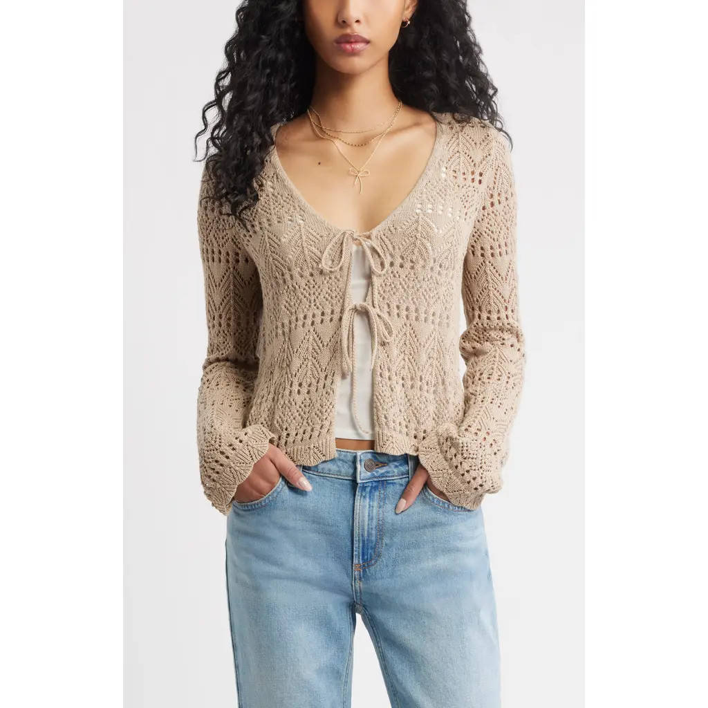 BP. Fly Away Tie Front Crochet Cardigan in Tan Savannah at Nordstrom Rack, Size Small | Nordstrom Rack