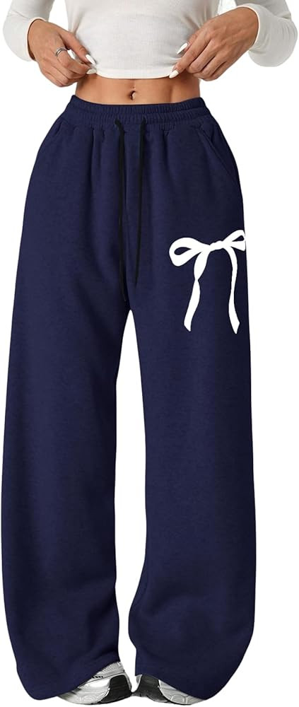 Verdusa Girl's Bowknot Baggy Sweatpants Lightweight Straight Leg Athletic Pants with Pockets | Amazon (US)