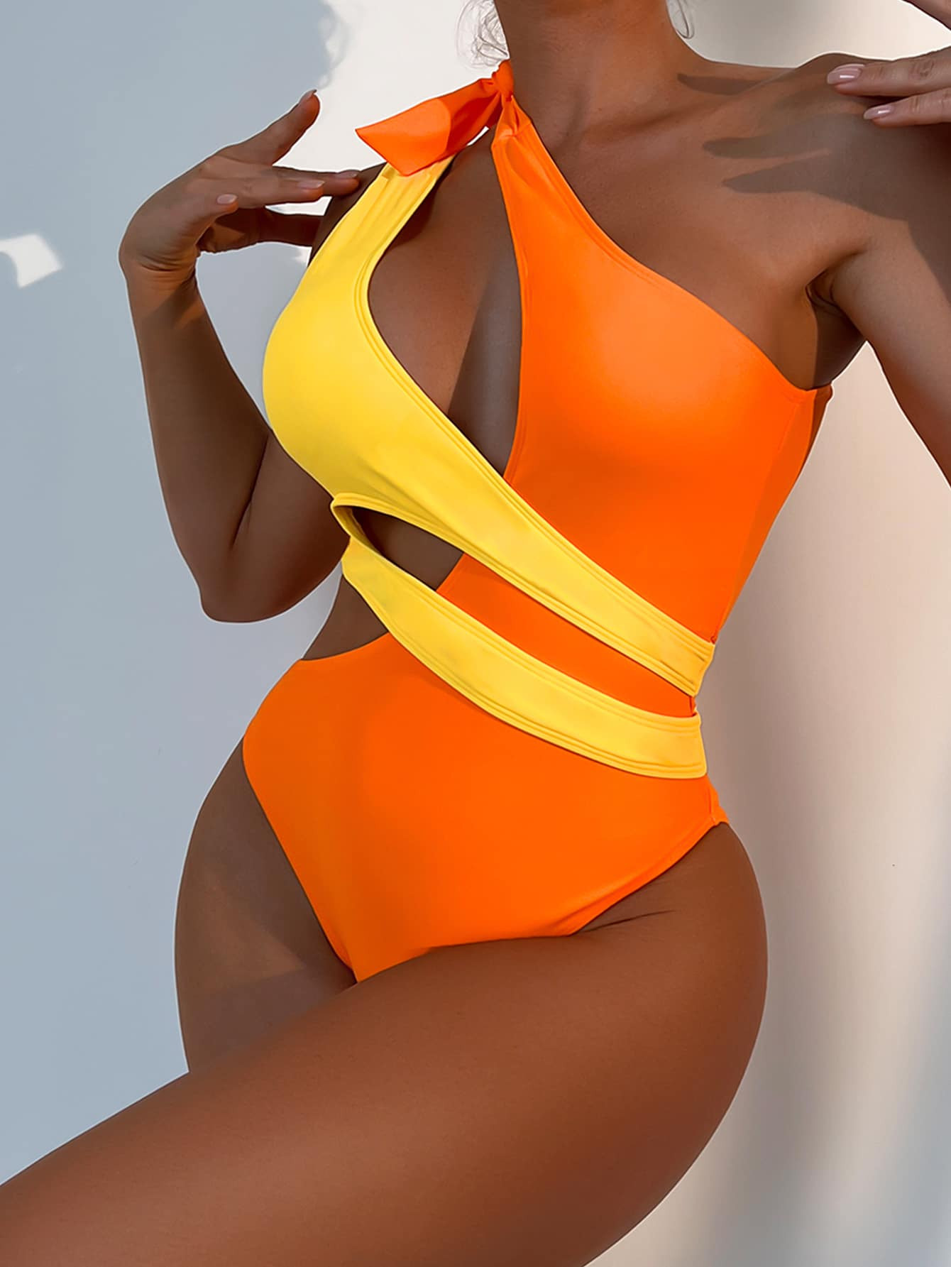 SHEIN Swim Summer Beach Colorblock Cut Out One Shoulder One Piece Swimsuit Bathing Suit | SHEIN