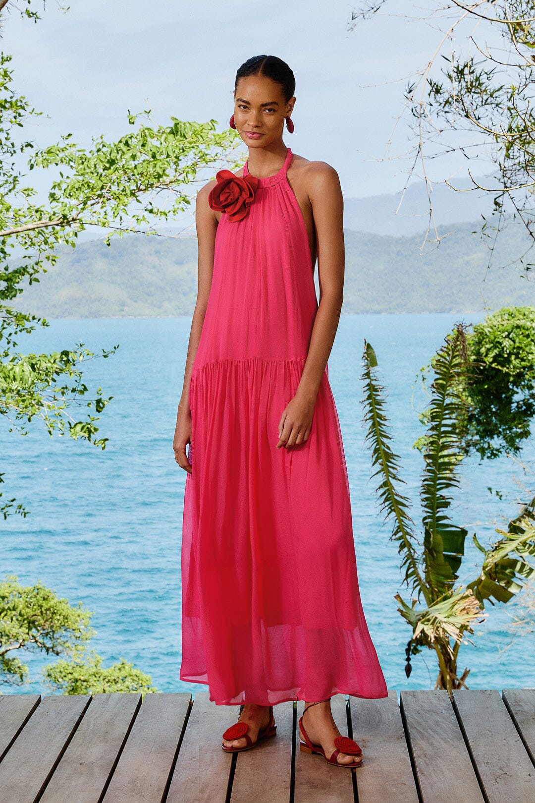 Pink Flower Halter Neck Maxi Dress | FarmRio (US)