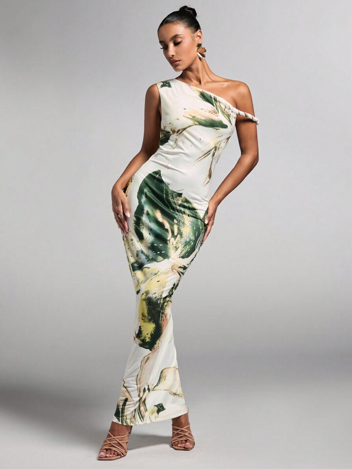 SHEIN BAE Floral Print Asymmetrical Open Shoulder Slim Long Dress For Women, Elegant Vacation Wear Summer | SHEIN