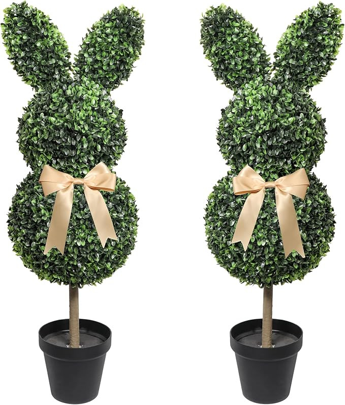 Artificial Bunny Shaped Topiary Tree with Bow, 2 Pcs Easter Rabbit Boxwood Topiaries Plant, 3 Ft ... | Amazon (US)