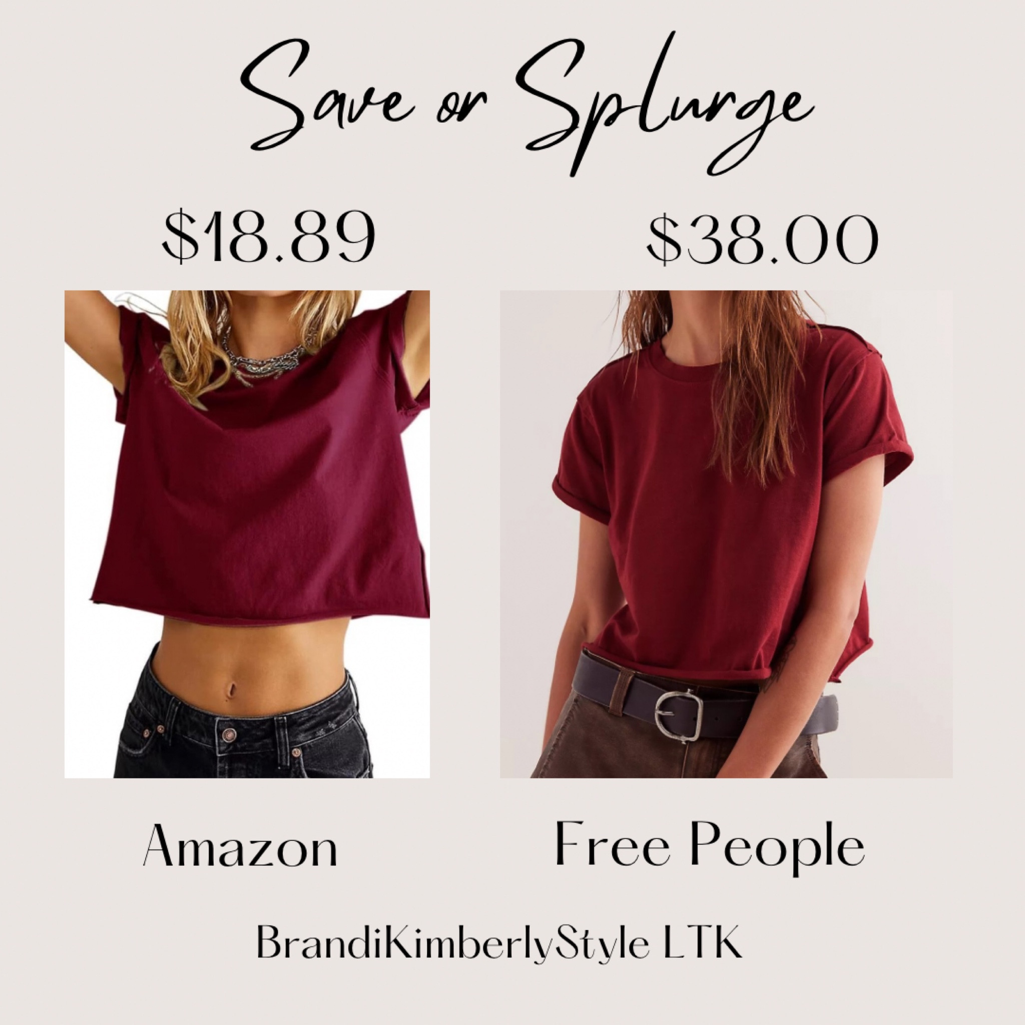 It’s Save or Splurge! If you like the perfect tee from Free People and you are looking to save, Amazon has a cheaper option and it comes in other colors. For all you t-shirt girlies 🩵BrandiKimberlyStyle, fall fashion, trends, FP

#LTKSeasonal #LTKStyleTip #LTKBacktoSchool