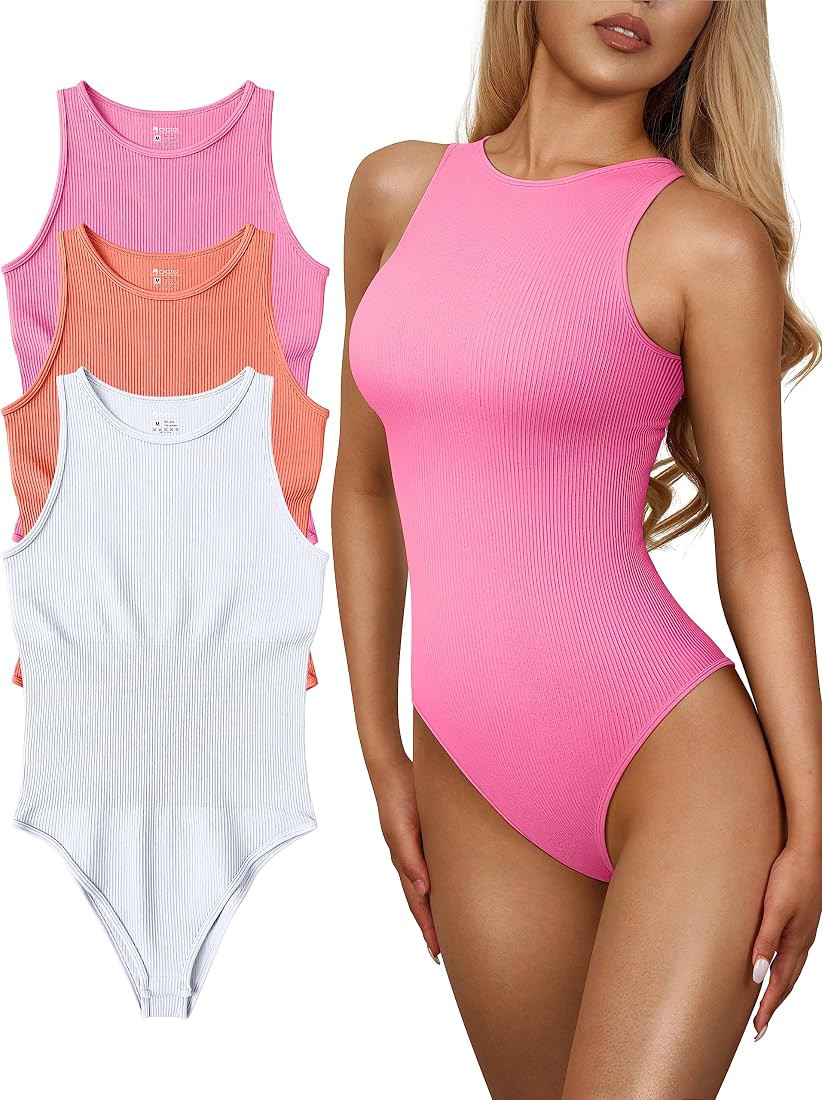 Women's 3 Piece Bodysuits Sexy Ribbed One Piece Sleeveless Halter Neck Bodysuits | Amazon (US)