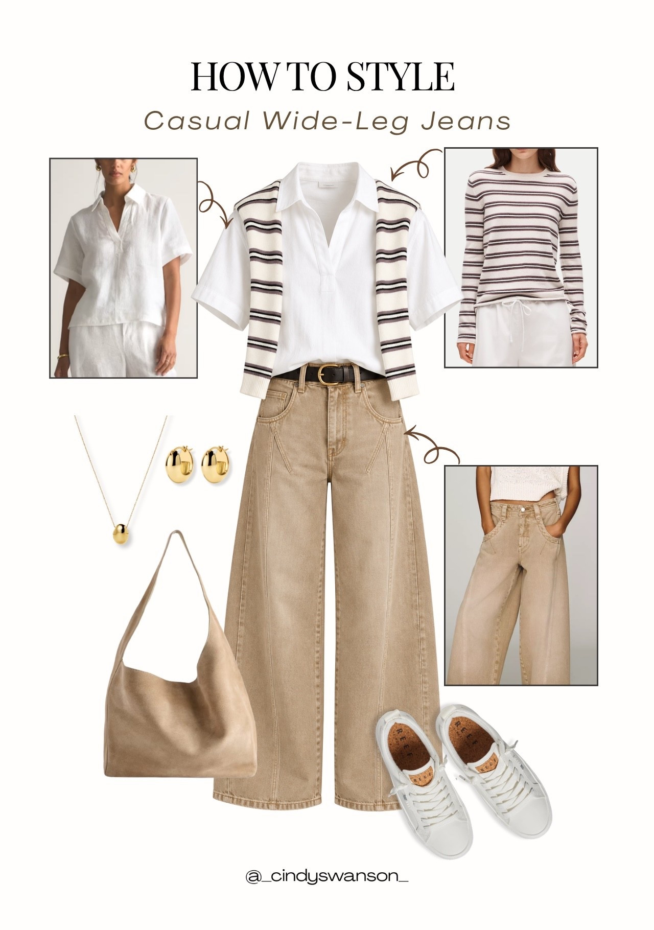 Casual wide-leg jeans are such a versatile wardrobe staple, especially in this soft, neutral wash. I love the idea of pairing them with a classic white collared top, a striped cardigan, and white sneakers for an easy, polished look that works for everyday errands, lunch, or a casual weekend.

The warm neutral tones and simple layers make this an outfit formula you can come back to season after season.