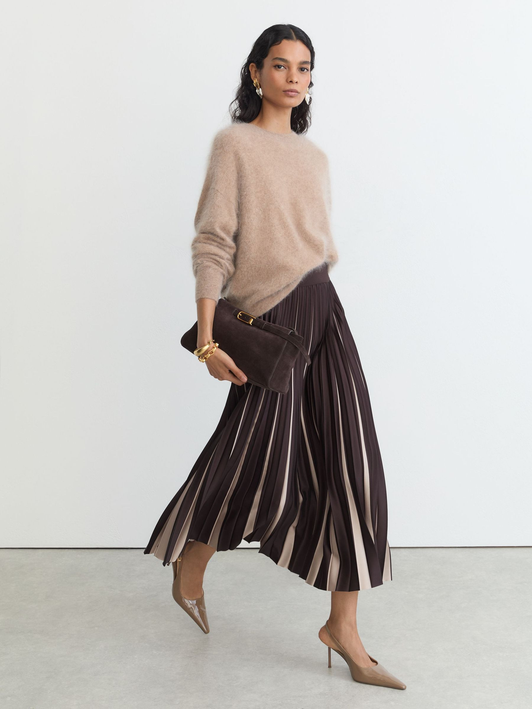 Reiss Contrast Pleated Midi Skirt in Grape Burgundy/Neutral | REISS | Reiss US