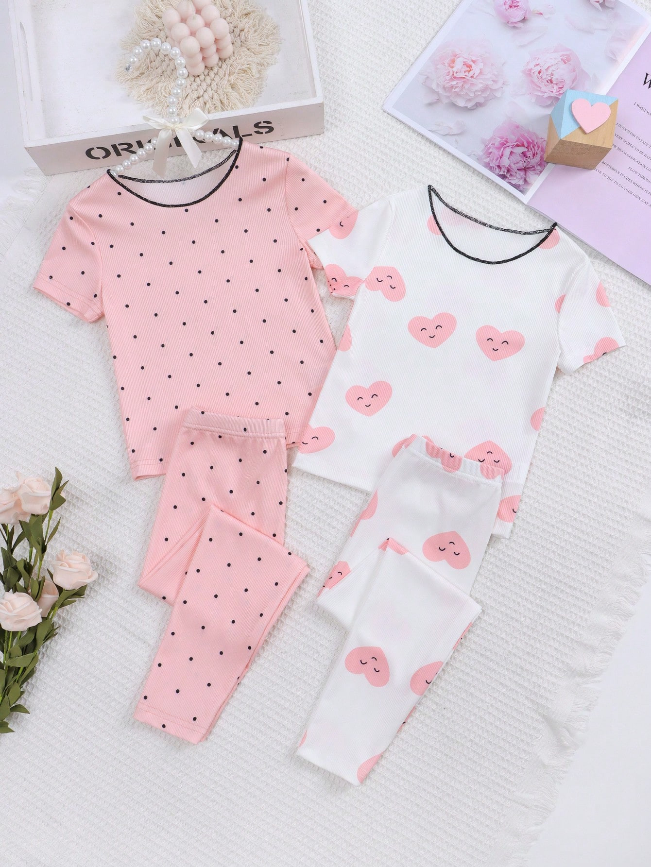 TrendsYoung Girls' Heart Short Sleeve Long Pants Pajamas Set, Snug Fit | SHEIN