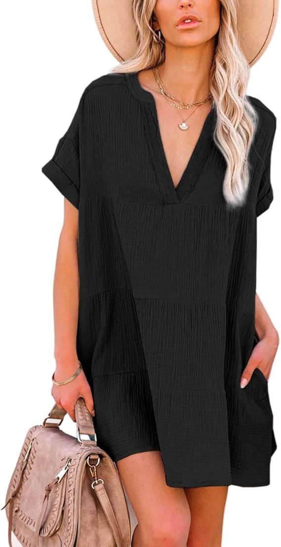Albe Rita Women's Short Sleeve V Neck Summer Casual Loose Mini Swing Dress with Pockets Babydoll ... | Amazon (US)