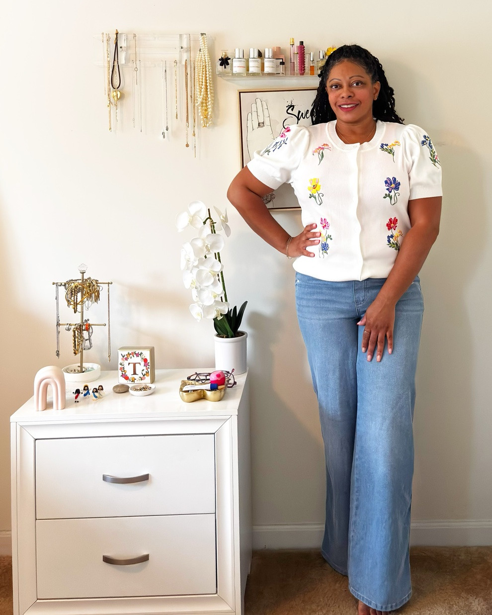 This is the cutest sweater that can be worn year round. The flower detail is perfect and I love that it comes in white and blue, and that you can wear it open or closed.

#LTKootd #LTKgrwm #LTKMidsize