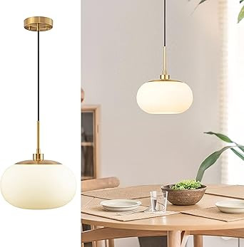 KAWOTI Brass Pendant Light for Kitchen Island Adjustable Height Milky Glass Pendant Light (12 inc... | Amazon (US)