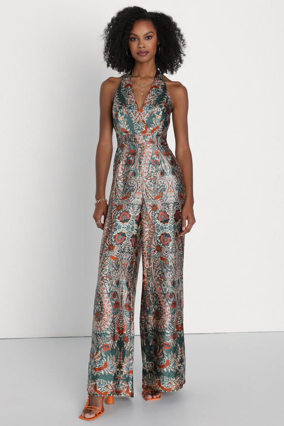 Divine Wanderings Teal Green Scarf Print Satin Wide-Leg Jumpsuit | Lulus (US)