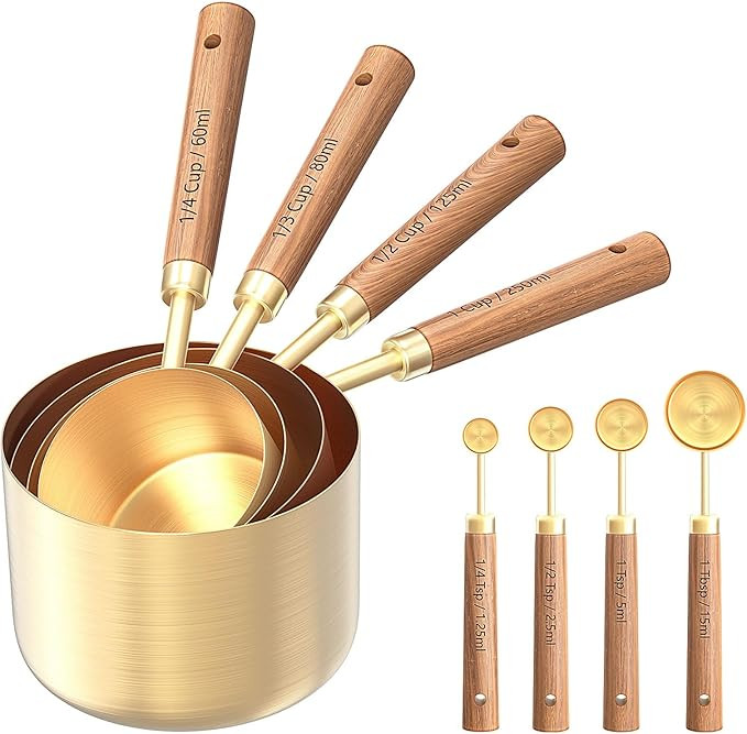 8 Pcs Golden Stainless Steel Measuring Cups and Spoons Set,Baking Tools with Phase-Mourned Wooden... | Amazon (US)