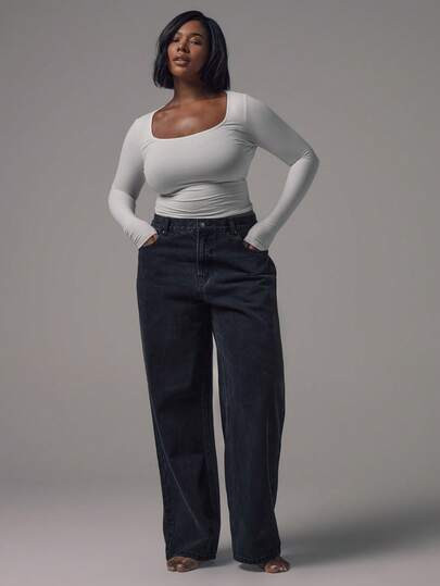 MUSERA Plus Size Mid Waist Straight Leg Fit Black Wash High Rise Denim Jeans Mid Rise Casual Nigh... | SHEIN