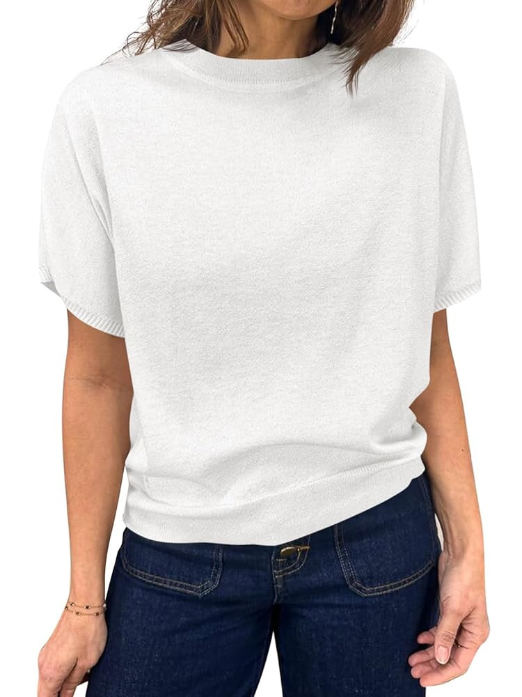 Saodimallsu Womens Short Sleeve Sweater Casual Basic Crew Neck Loose Knit Pullover Tops Summer Li... | Amazon (US)