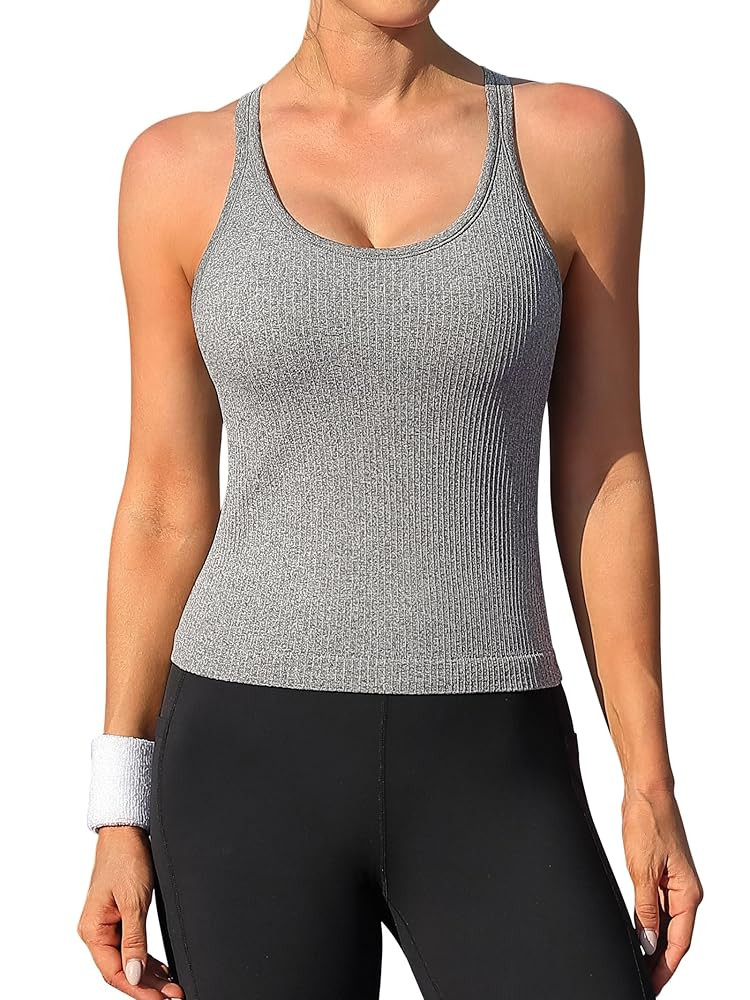 ATTRACO Women Ribbed Workout Crop Tops with Built in Bra Yoga Racerback Tank Top Tight Fit | Amazon (US)