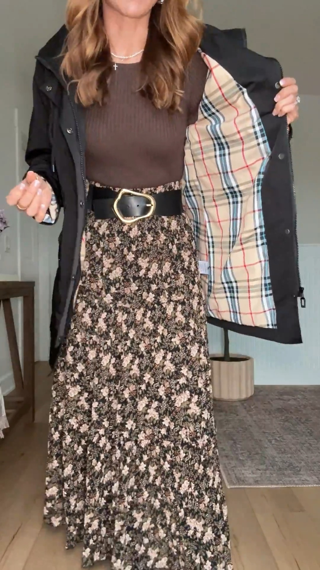 My church #ootd here! Amazon rain jacket in small. Amazon floral skirt in small. Waterproof knee high boots - I went up half a size. Winter outfit. Spring outfit. Church outfit. Amazon belt. 

#LTKmomlife #LTKgrwm #LTKootd