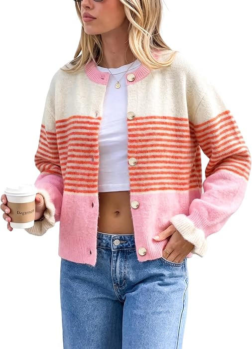 FOMELY Womens Striped Puff Sleeve Knit Button Cardigan Fall Winter Sweater | Amazon (US)