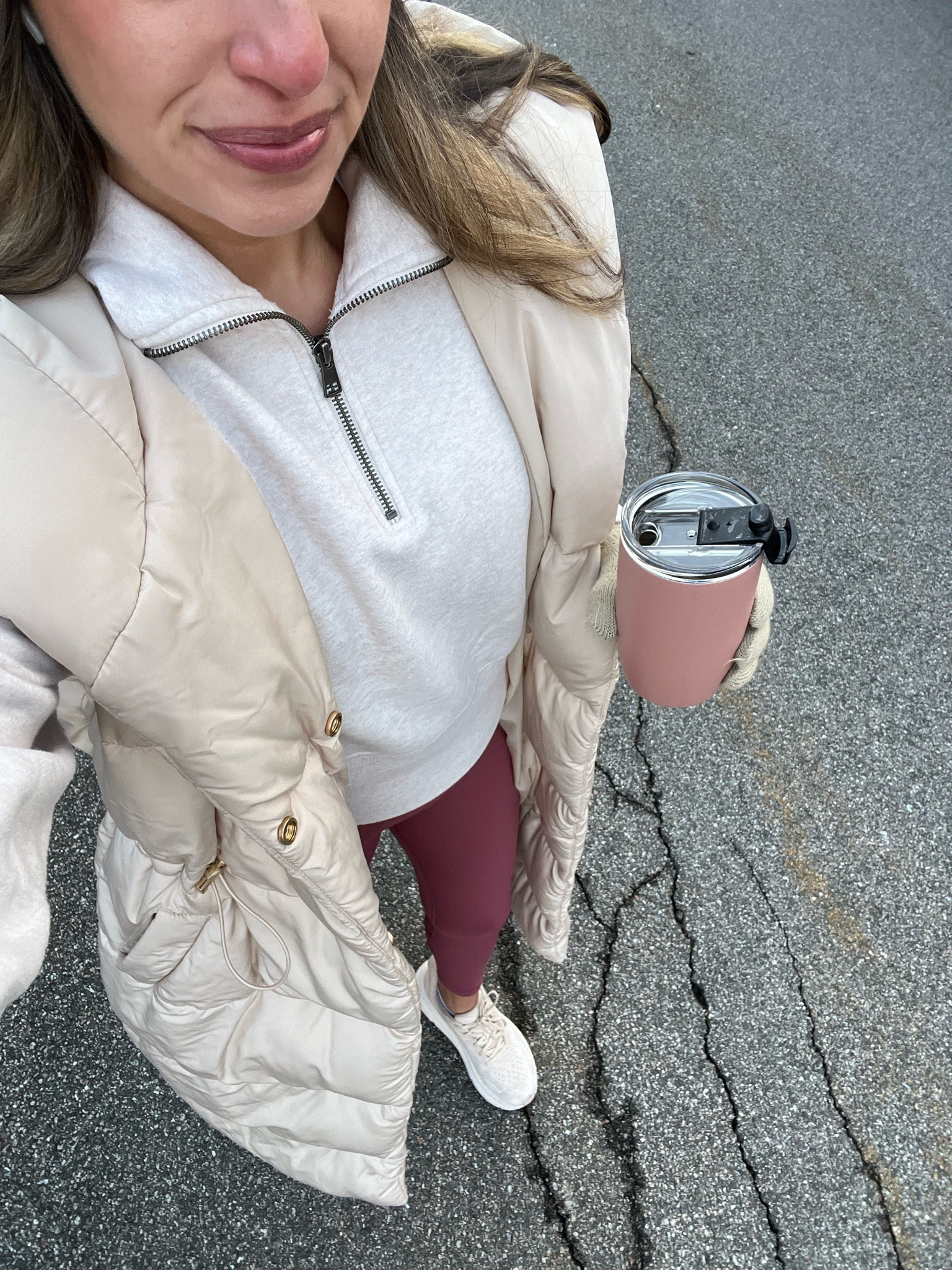 Winter outfit, winter walking outfit, yoga leggings, yoga outfit, longline vest, half zip sweatshirt, tumbler 

#LTKfindsunder50 #LTKSeasonal #LTKshoecrush