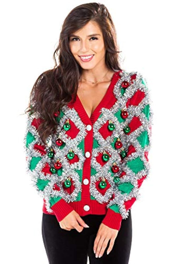 Women's Garland Christmas Sweater - Green and Red Tinsel Ornament Ugly Christmas Cardigan | Amazon (US)
