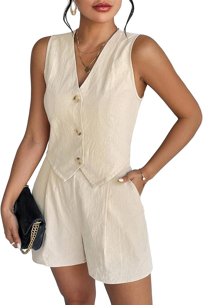 Verdusa Women's 2 Piece Outfit Sleeveless Button Front Vest Jacket and Shorts Sets | Amazon (US)