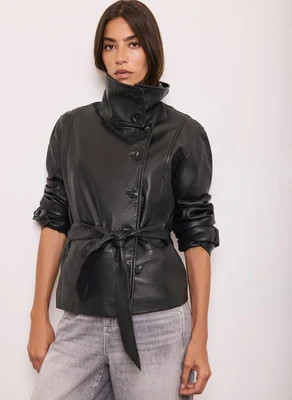 Black Leather Funnel Neck Jacket | Mint Velvet