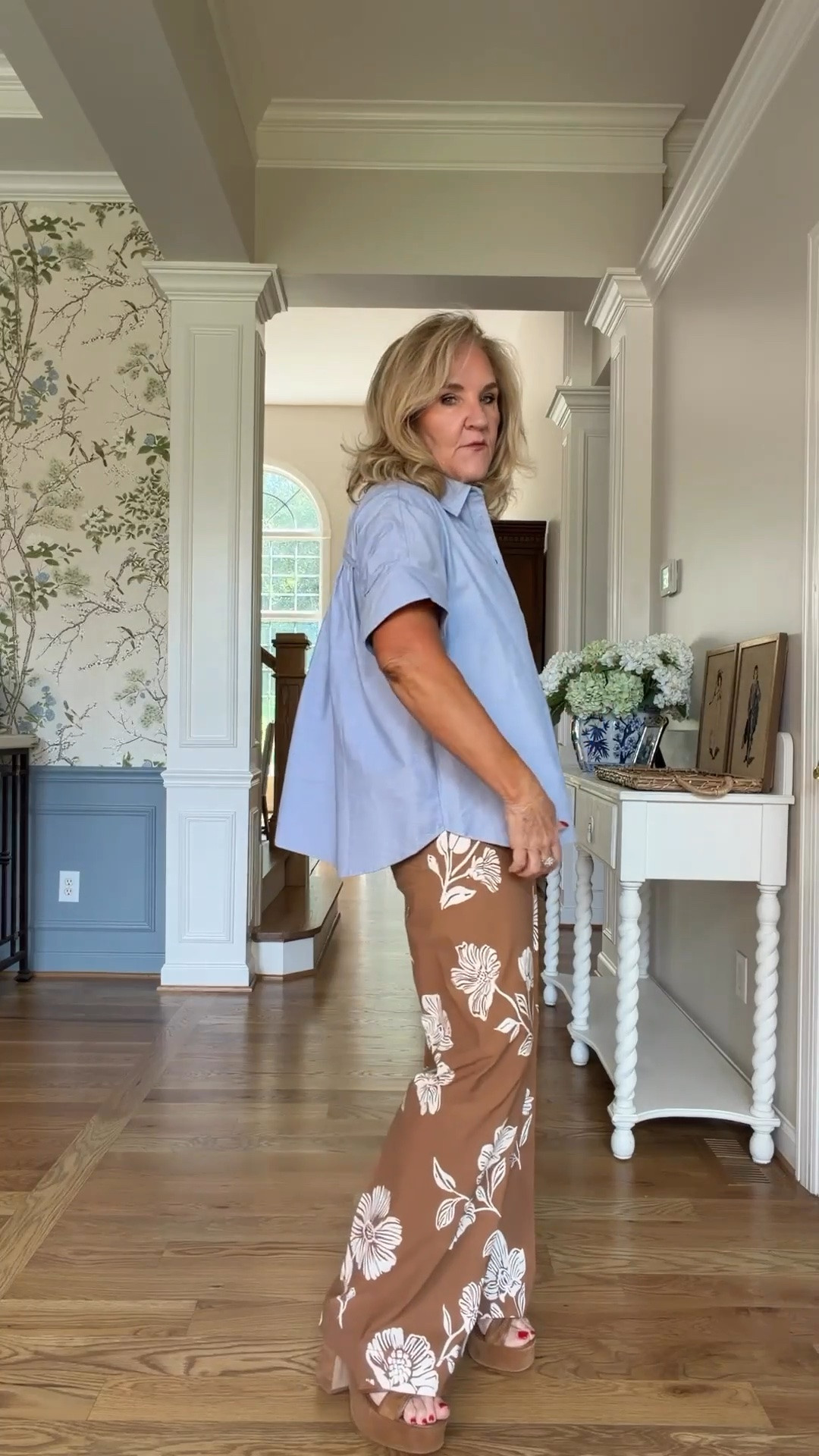 These floral pants are too fun to hide, so I’d keep the top nice and simple. I’m wearing a small petite in the top and a size 29 regular in the pants.

#LTKootd #LTKWorkwear #LTKOver40