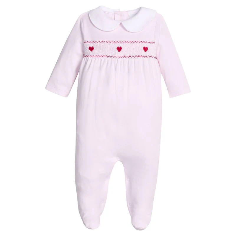 Little English Smocked Footie- Pink Hearts | JoJo Mommy