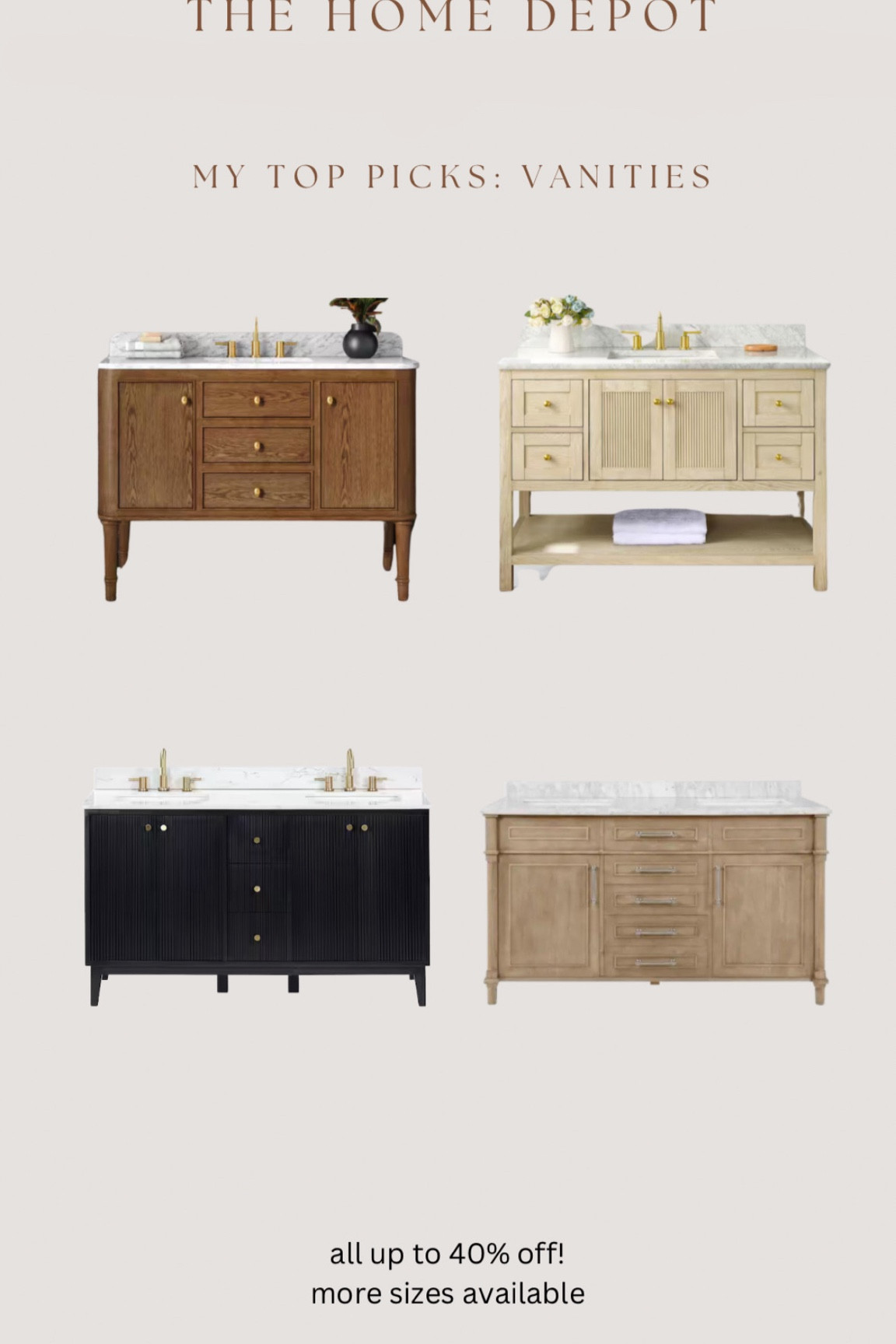 @homedepot has a lot of their bathroom vanities up to 40% off right now!! Made this roundup for my favorites on sale! Many come in more sizes. #TheHomeDepotPartner #TheHomeDepot #ad
Follow my shop @Jillianmerrill on the @shop.ltk LTK app to shop this post and get my exclusive app-only content! #liketkit @shop.Itk

#LTKSaleAlert #LTKHome #LTKStyleTip