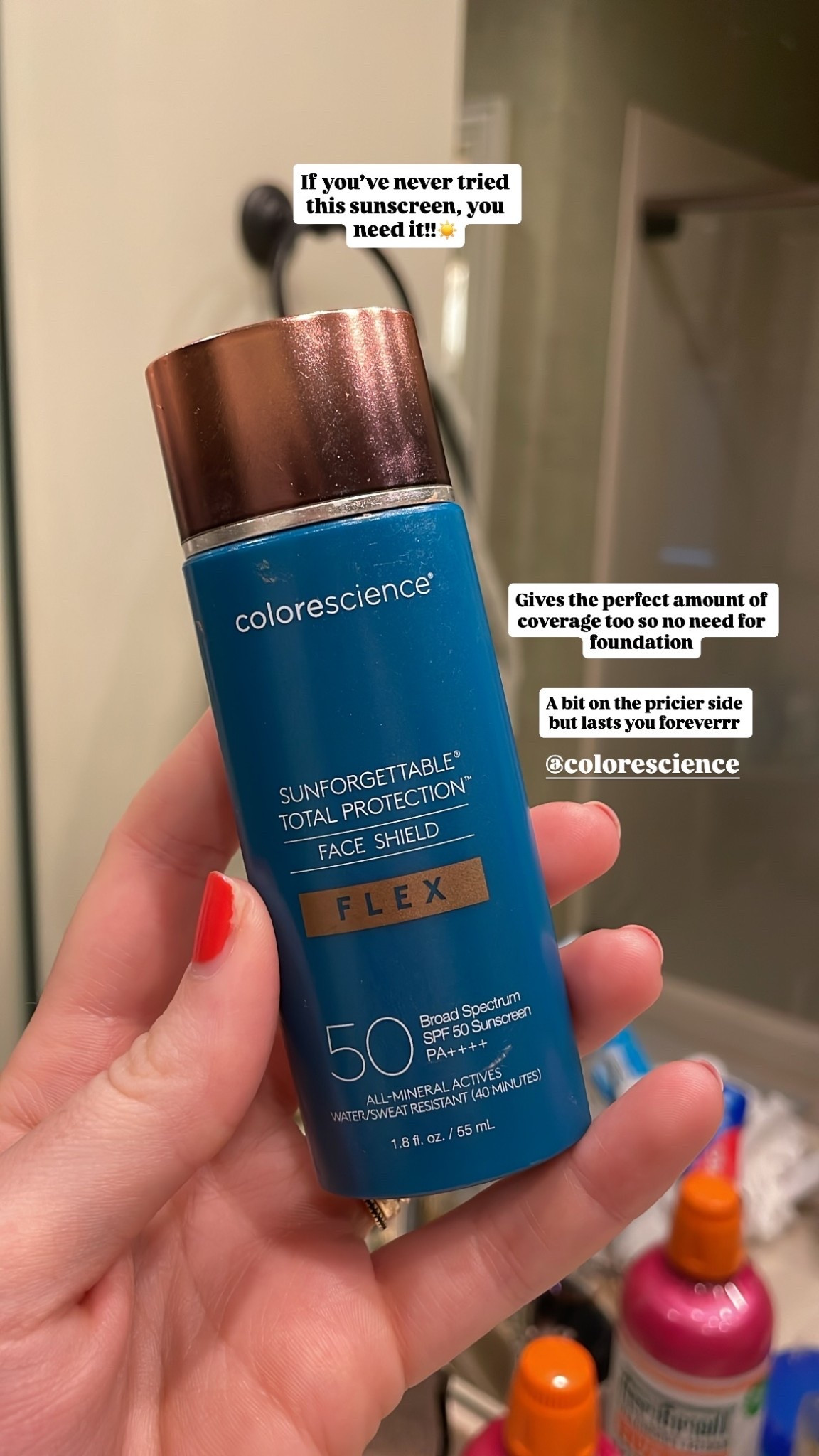 Gives the perfect amount of coverage too so no need for foundation A bit on the pricier side but lasts you foreverrr @colorescience  If you’ve never tried this sunscreen, you need it!!☀️