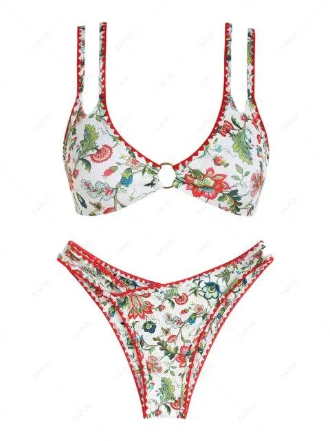 ZAFUL Ribbed Whip Stitch Bohemian Floral O-ring Bikini Swimwear | ZAFUL (Global)