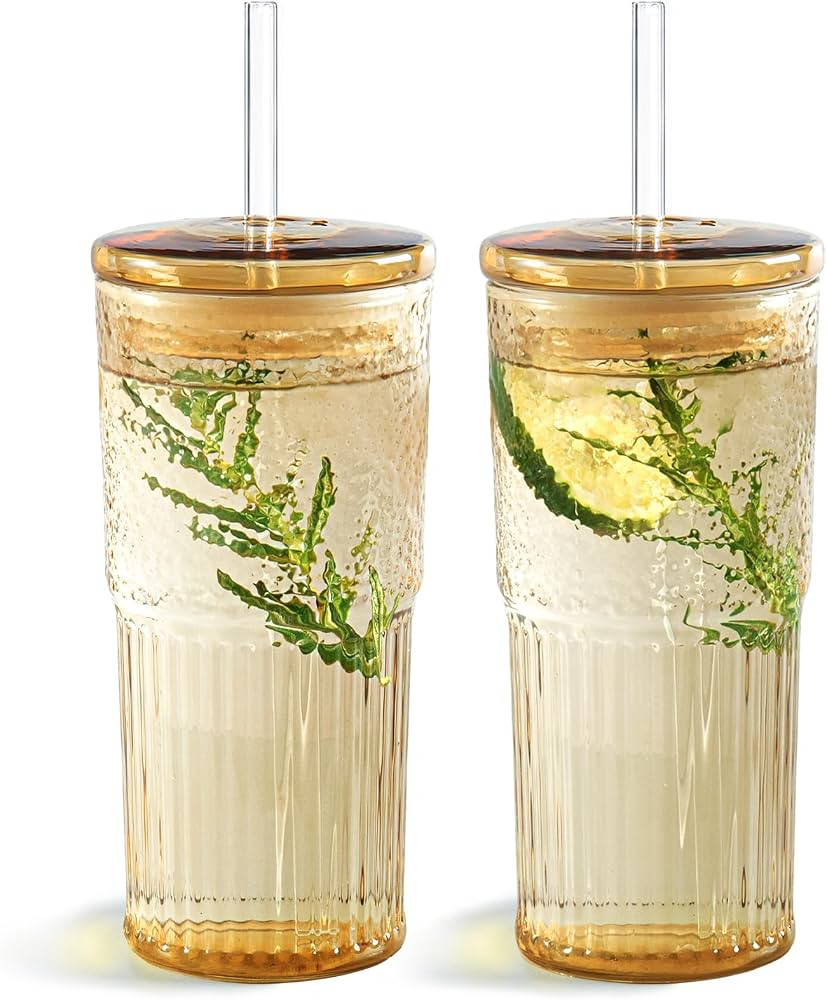 Puraville 2 Pack 20oz Glass Cups with Lids and Straws, Mason Jar High Borosilicate Drinking Glass... | Amazon (US)