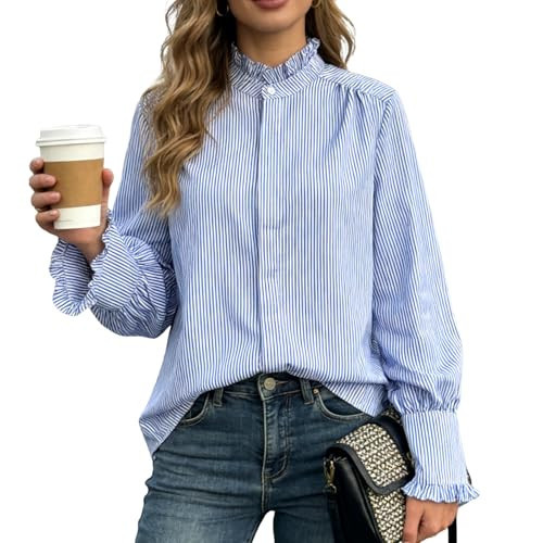 BEYINCUTE Button Down Shirts for Women Classic Blue Striped Collared Blouses Shirts Long Sleeve Blouse Business Casual Tops | Amazon (US)