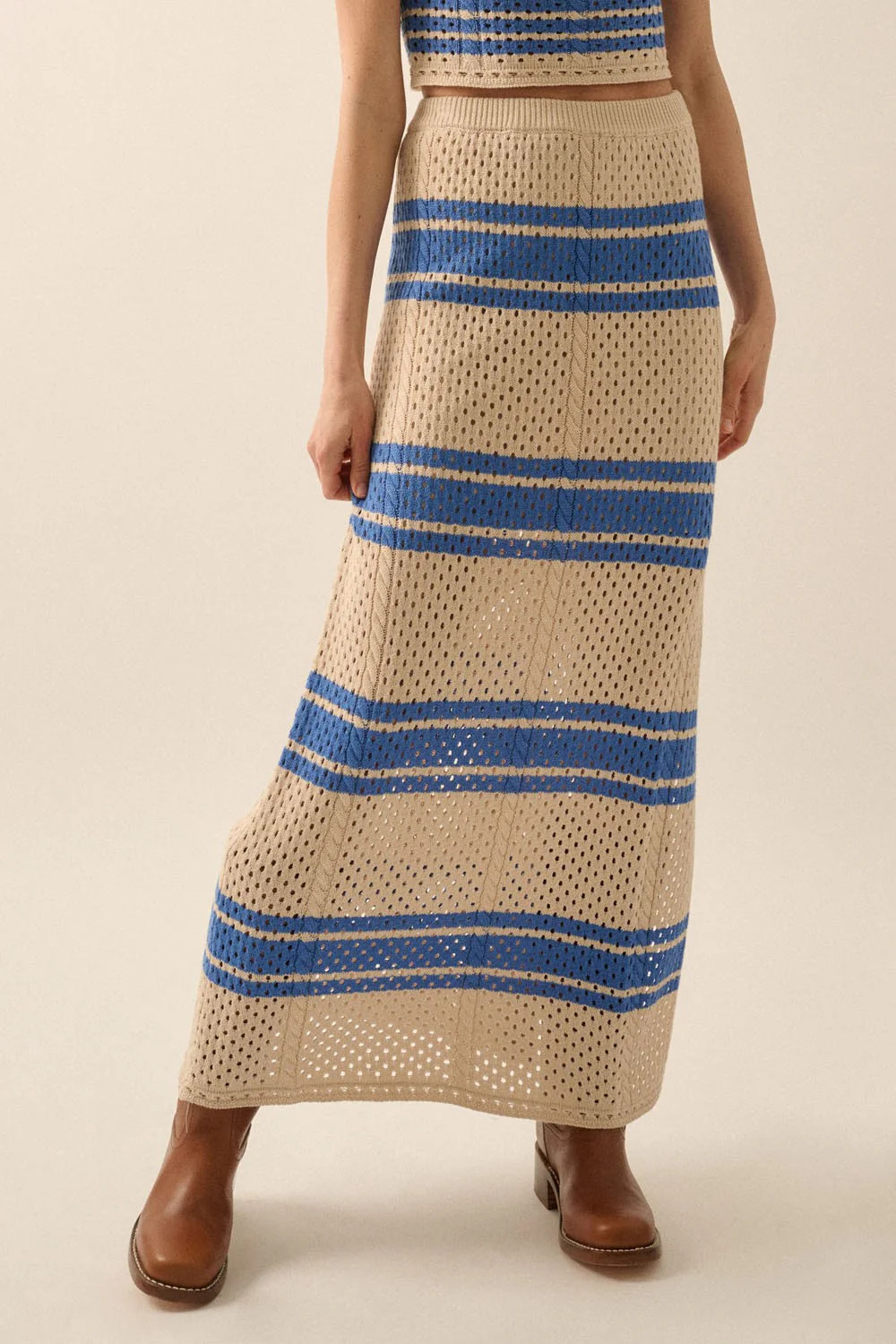 Striped Pointelle Crochet-Knit Maxi Sweater Skirt (Natural) | ashe couture 