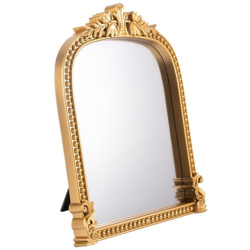 Threehoney Vintage Vanity Makeup Desk Mirror, Small Gold Arch Antique Decorative Mirror with Stand, 11.4" x 9" Ornate Traditional Chic Baroque for Living Room Bedroom Dresser Tabletop Desktop Decor | Amazon (US)