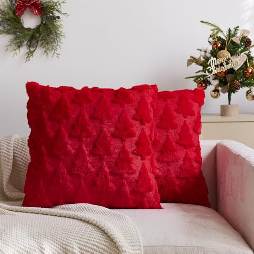 Red Christmas Pillow Covers 18 x 18 Inch Set of 2 Christmas Trees Shaped Soft Faux Fur Throw Pillow Covers Xmas Winter Holiday Pillows Decorative Pillow Covers Cushion Cases for Sofa Couch | Amazon (US)