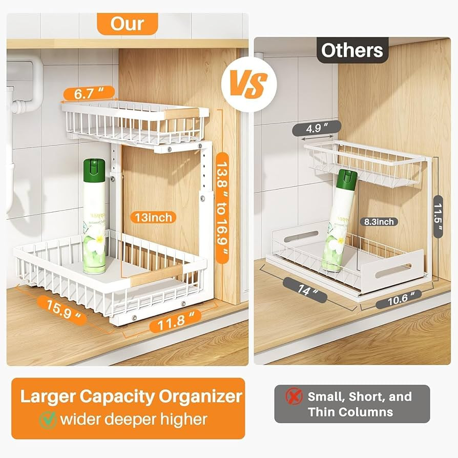 PXRACK Under Sink Organizer,Adjustable Height, 2 Tier Pull Out Under Cabinet Organizer,Slide Out ... | Amazon (US)